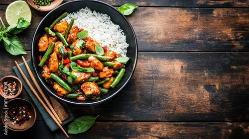 Fresh Chicken Stir Fry with Rice and Vegetables in a Bowl