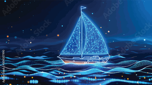 Digital sailboat navigating the technological ocean with bright connections and futuristic design.