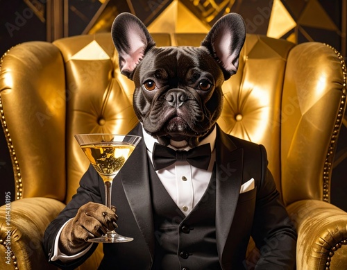 Sophisticated Bulldog in Suit with champagne. Generated image
