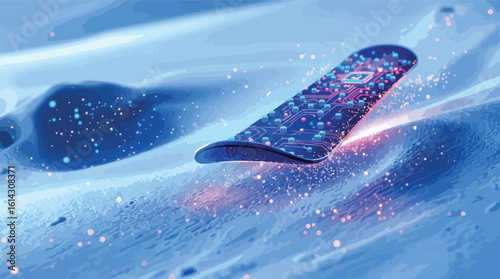 Futuristic digital snowboard gliding on snow with neon light particle effects.