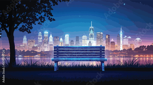 Illustrated nightscape of a city skyline with bench and trees overlooking calm water.