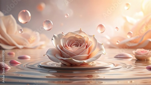 Serene Rose Blossom Floating Gently on Tranquil Water Surface with Delicate Petals and Suspended Droplets