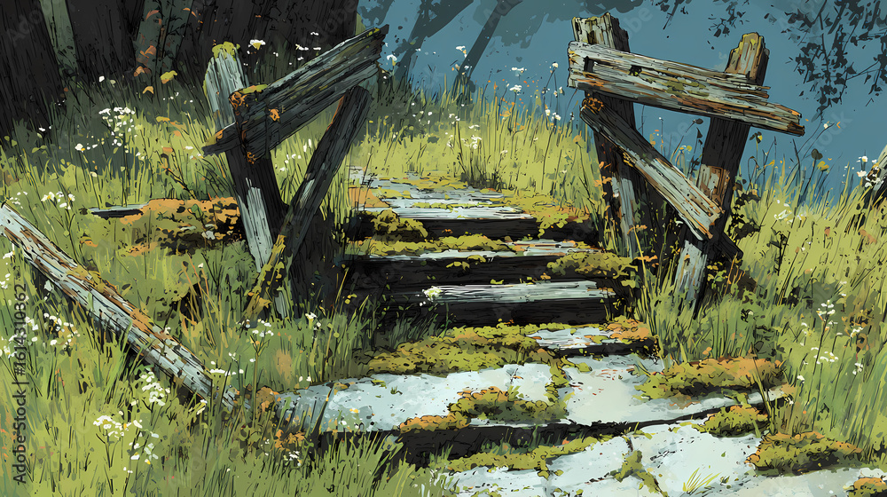 Fototapeta premium Trail entrance with fallen fence remnants