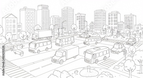 City traffic scene with various vehicles and buildings Coloring Page