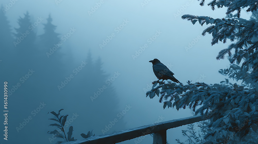 Fototapeta premium Silhouette of a Raven Perched on a Branch in a Misty Forest