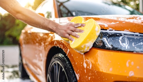 Hand washing orange car