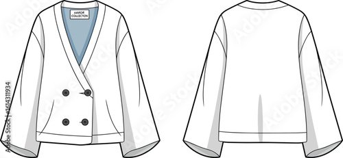 Double-breasted women’s cardigan front and back views, V-neckline, fashion design template, cad drawing flat vector illustration, layering piece