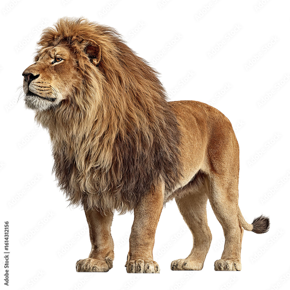 Obraz premium Png of Majestic lion standing proud, showcasing its impressive mane and powerful physique, embodying strength and leadership.