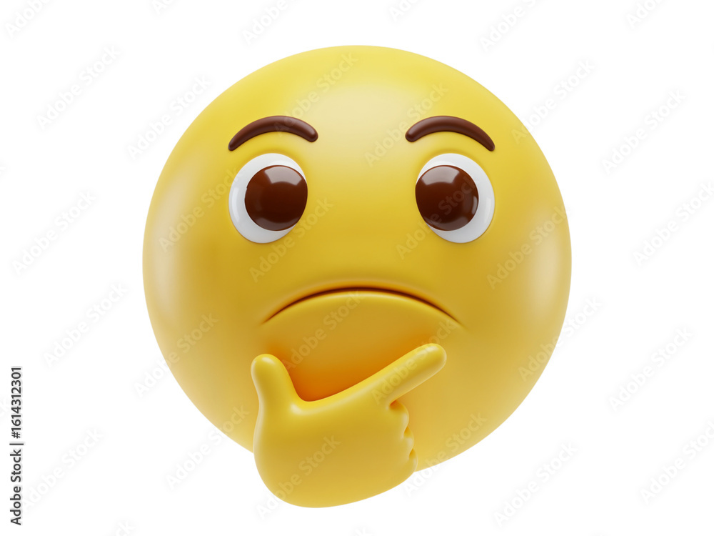 Fototapeta premium A thoughtful yellow emoji with big brown eyes and a hand on its chin contemplating a difficult decision isolated on transparent background