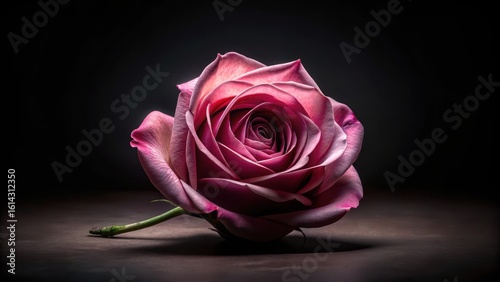 A Single Pink Rose in Dramatic Low-Key Lighting, Exquisitely Detailed Petals, Soft Shadows, Elegant Floral Still Life