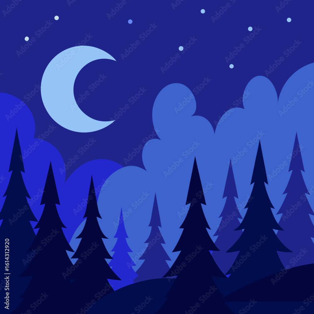 Obraz premium Stylized crescent moon over a dark blue forest at night
