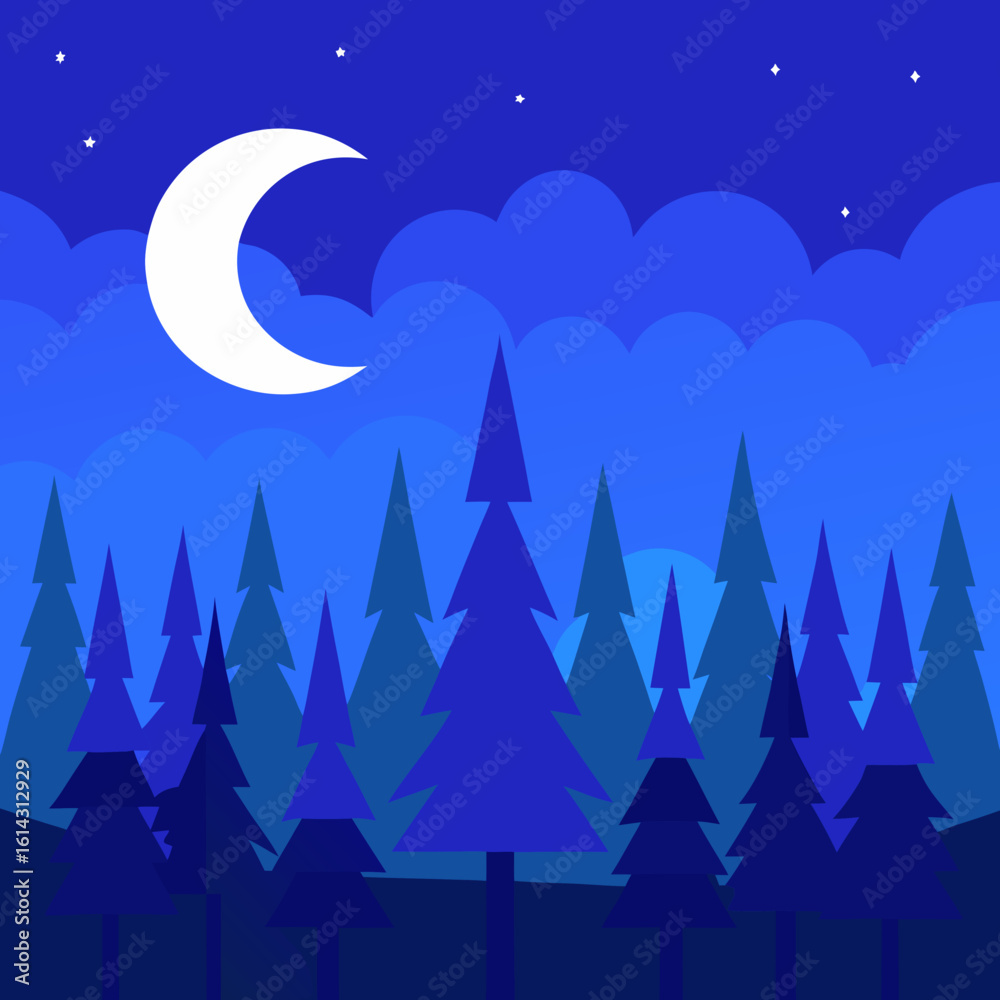Obraz premium Stylized crescent moon over a dark blue forest at night