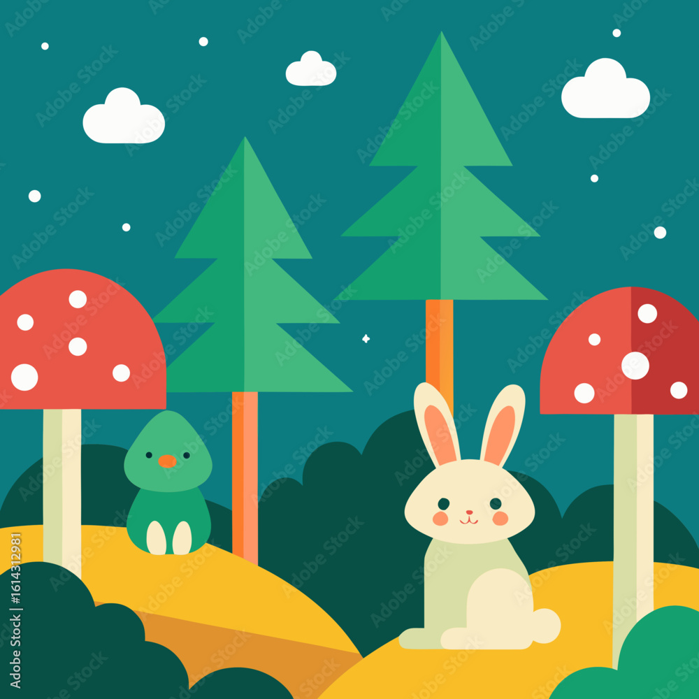 Fototapeta premium Cute forest animals and mushrooms in a whimsical woodland setting
