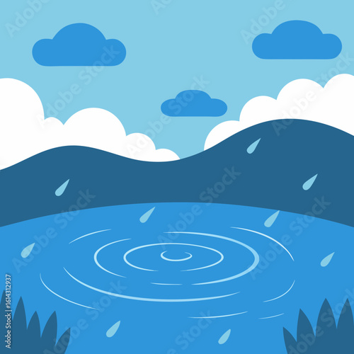 Rainy day landscape with ripples in water