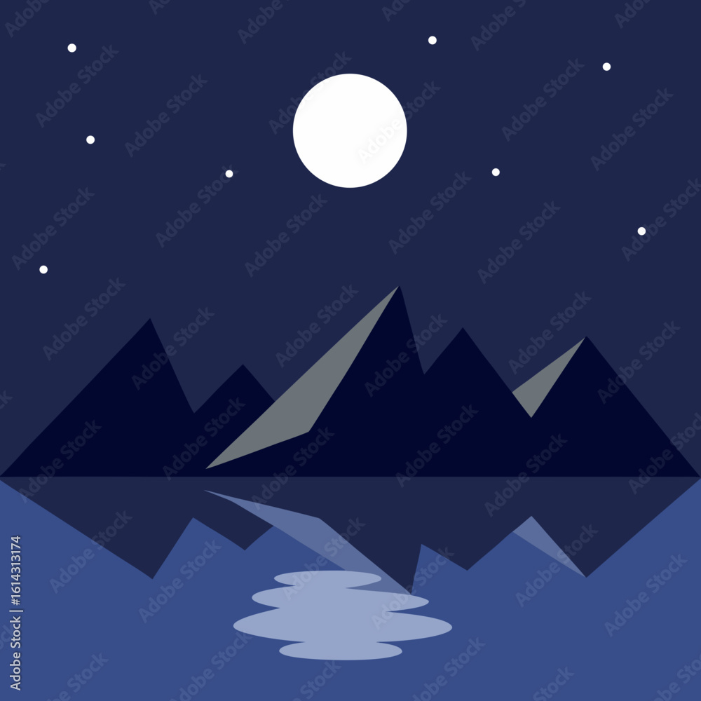 Obraz premium Serene night landscape with moonlit mountains and reflecting water
