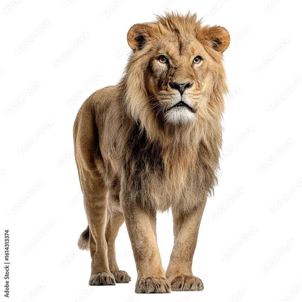 Obraz premium Png of A majestic male lion stands confidently, showcasing its powerful stature and magnificent mane in a striking pose.