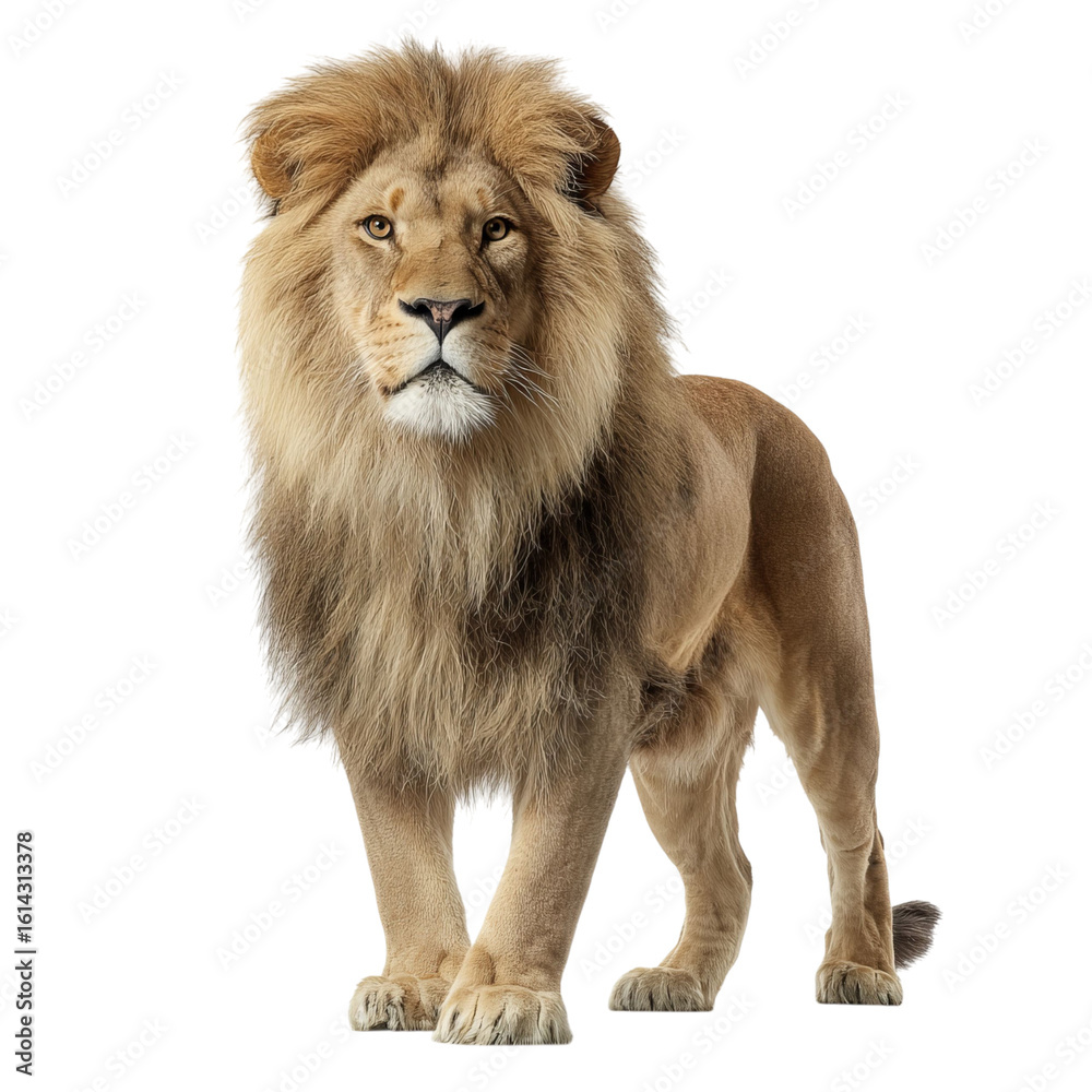 Obraz premium Png of Majestic male lion standing confidently, showcasing its impressive mane and strong physique.