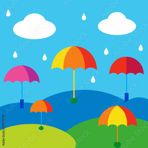 Colorful umbrellas under a rainy sky with clouds