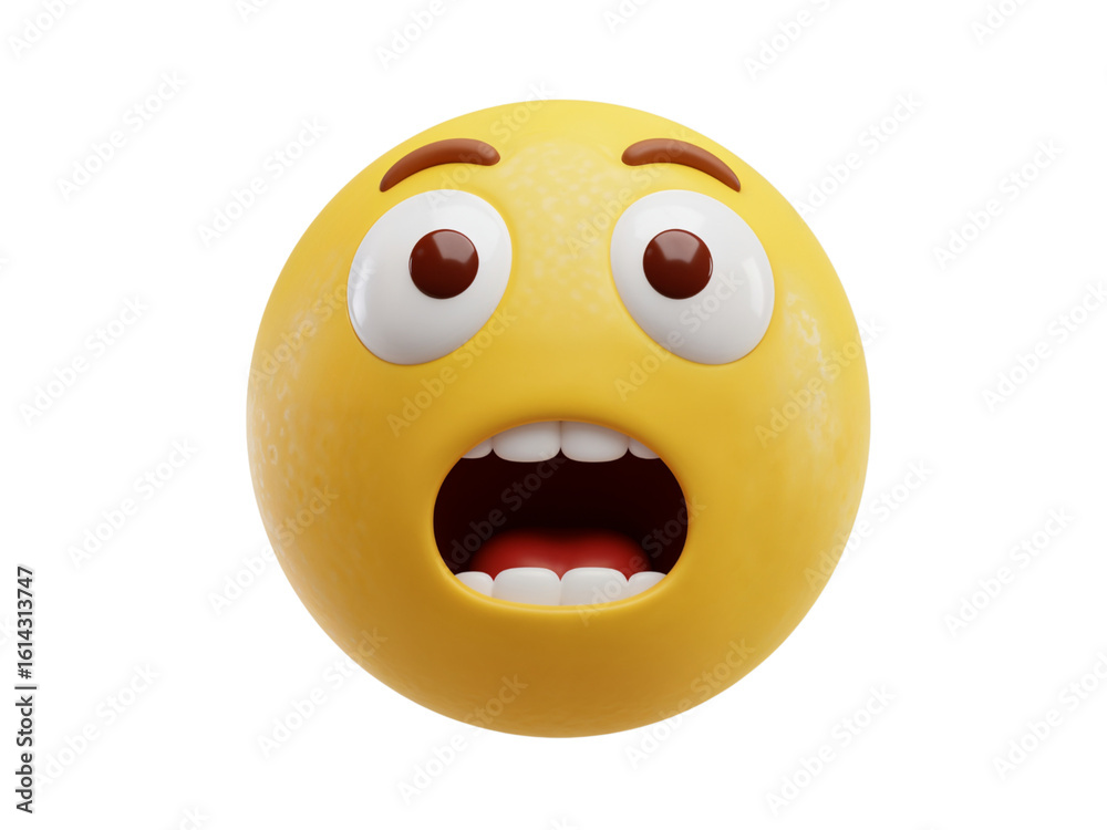 Fototapeta premium A yellow emoji face with wide open eyes and mouth expressing shock and surprise isolated on transparent background