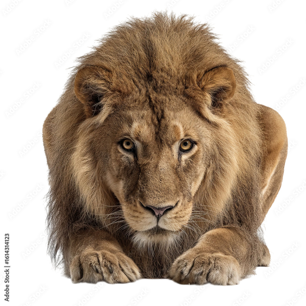 Obraz premium Png of Majestic male lion with a thick mane, captured in a poised and powerful stance, exuding strength and royal presence.
