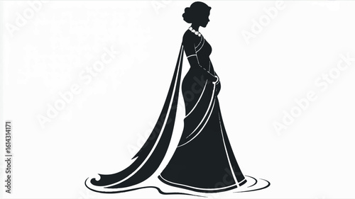 Elegant black and white silhouette of a woman gracefully wearing a flowing sari