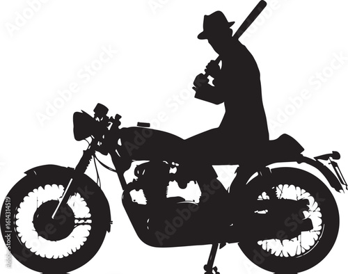 Man with baseball bat on vintage motorcycle rider