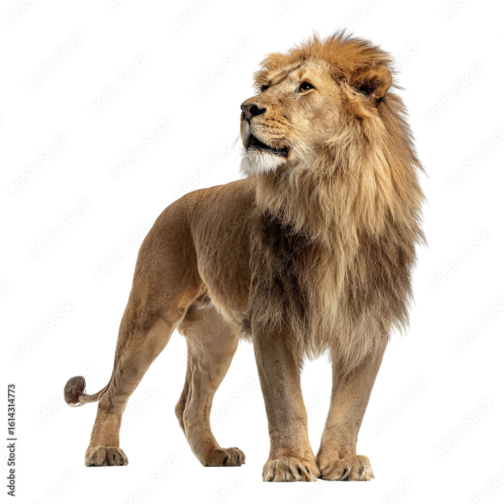 Obraz premium Png of Majestic adult male lion with a thick mane, posing confidently against a clean backdrop.