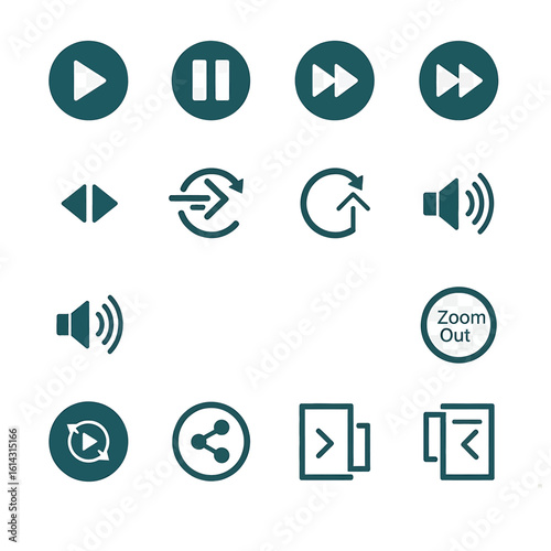 A collection of modern, teal-colored digital interface icons representing common media playback, navigation, and utility functions.