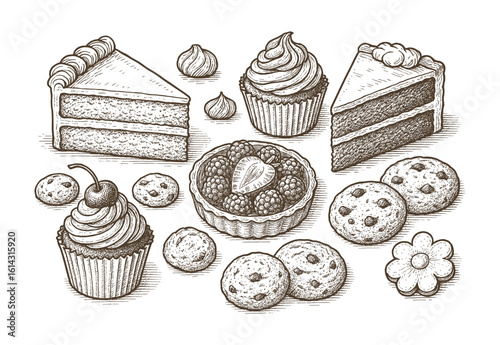 Delicious Pastries and Desserts Hand Drawn Illustration: Cakes, Cupcakes, Cookies, and Tart