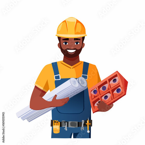Confident Construction Worker Blueprint & Brick Illustration