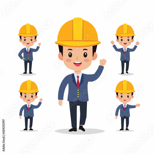 Male engineering professional character kit with construction hat and various arm movement poses.