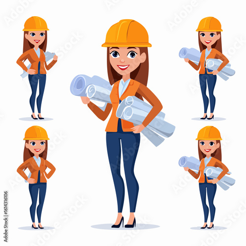 Vector illustration set of a female civil engineer or architect. Cartoon character of a professional woman in a hard hat holding blueprints in various poses.