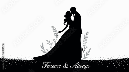 Elegant black silhouette of a wedding couple kissing isolated on a clean white background for romantic celebrations