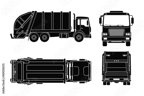 Garbage Truck Detailed Vector Illustration with Three Different Views and Black Color