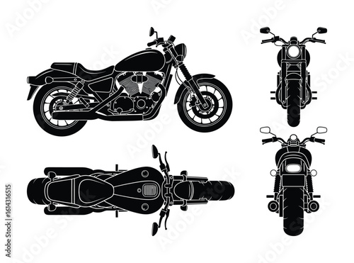 Detailed Silhouette Set: Classic Motorcycle Rendered in Three Distinct Angles Vector