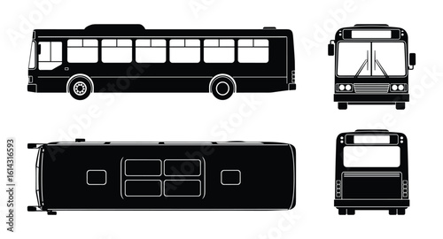 Black Bus Detailed Vector Illustration with Side, Front, and Top Views on White