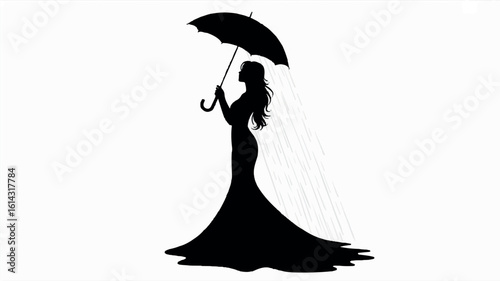 Elegant woman in a long formal gown holding a large umbrella black silhouette illustration