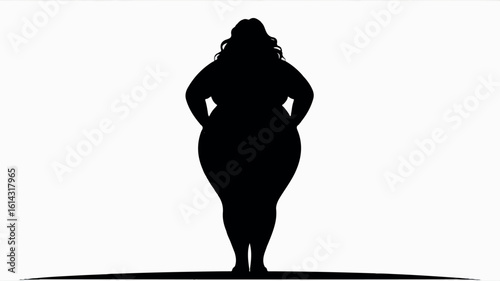 Black silhouette of a confident plus size woman in a graceful pose on a clean white background