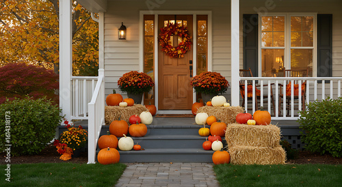 A welcoming home's front porch decorated for autumn with pumpkins, hay bales, and mums.
