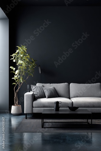 Modern, dark gray living room with light gray sofa and plant