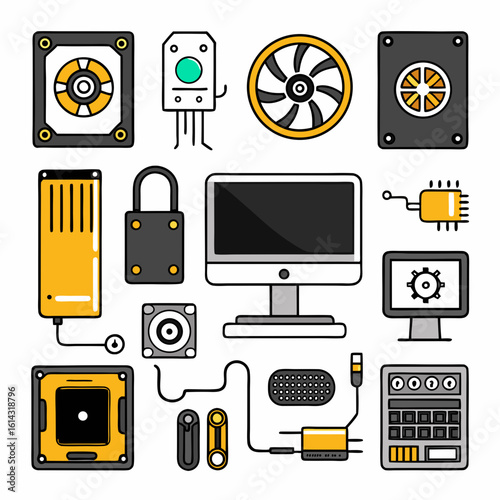 Collection of stylized computer hardware components and accessories in a flat design style