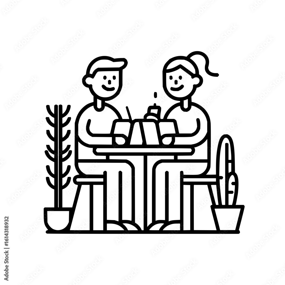 Illustration of a couple sitting at a table with drinks and plants in a minimalist black and white style Illustration of a couple sitting at a table with drinks and plants in a minimalist black and white style