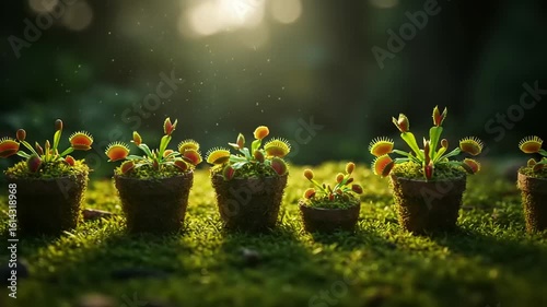 Venus flytraps in small pots on moss