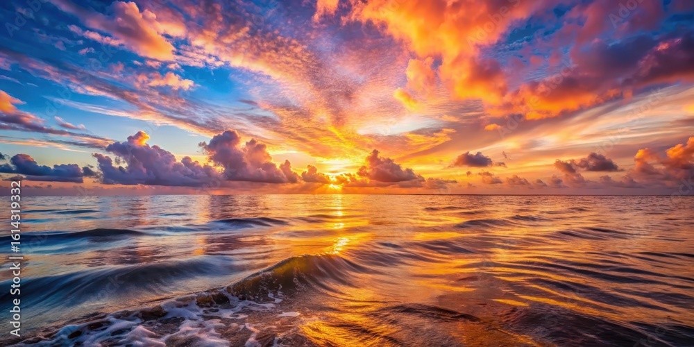 Fototapeta premium Serene ocean waves reflecting a vibrant and colorful sunrise with dramatic cloudscape