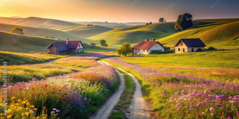 Fototapeta premium Serene Rural Landscape Picturesque Homes Nestled Amidst Vibrant Wildflower Meadows at Golden Hour