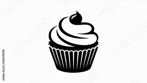 Minimalist black and white cupcake illustration with a single swirl of frosting