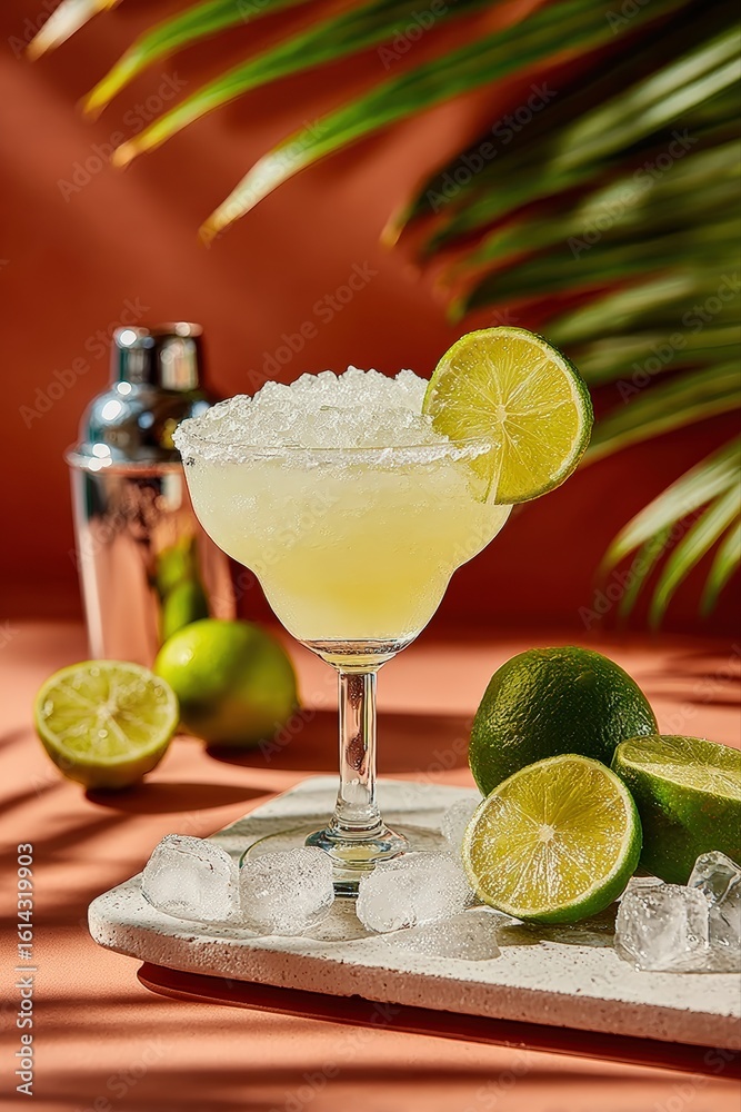 Fototapeta premium Ultra realistic depiction of a classic margarita cocktail on a white tray, garnished with lime slices and ice cubes. Terracotta background with palm leaves