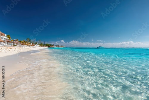 Fototapeta Naklejka Na Ścianę i Meble -  Stunning view of turquoise water washing onto a pristine white sand beach with luxury hotel in the background on a sunny day in Mexico