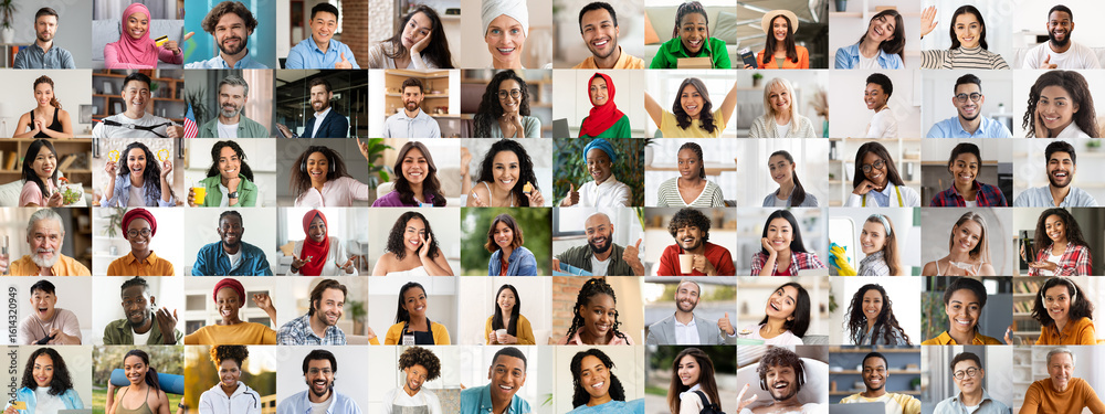 Fototapeta premium A vibrant collage showcasing a range of diverse individuals smiling and expressing happiness. Each portrait captures the beauty of different cultures and lifestyles in a warm, inviting atmosphere.