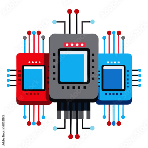 Three stylized computer chips connected by colorful wires and circuits on a white background
